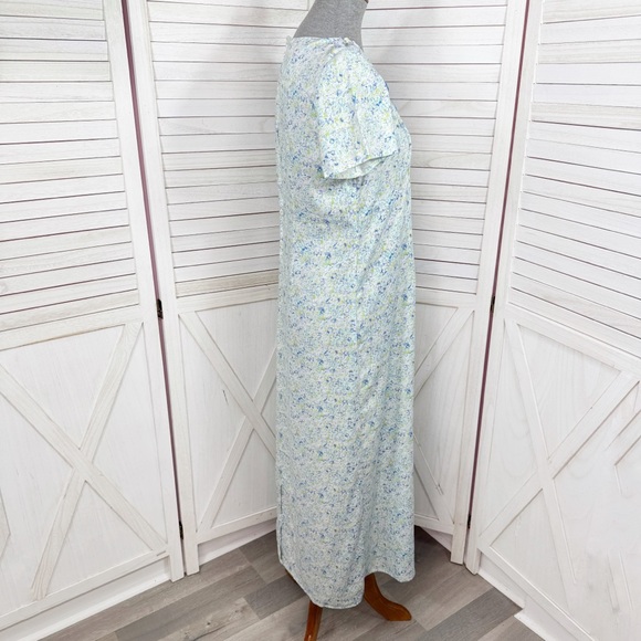 Vntg Villager Liz Claiborne Ditsy Floral Cinch Neck Linen Maxi Dress Blue Medium - Picture 3 of 12